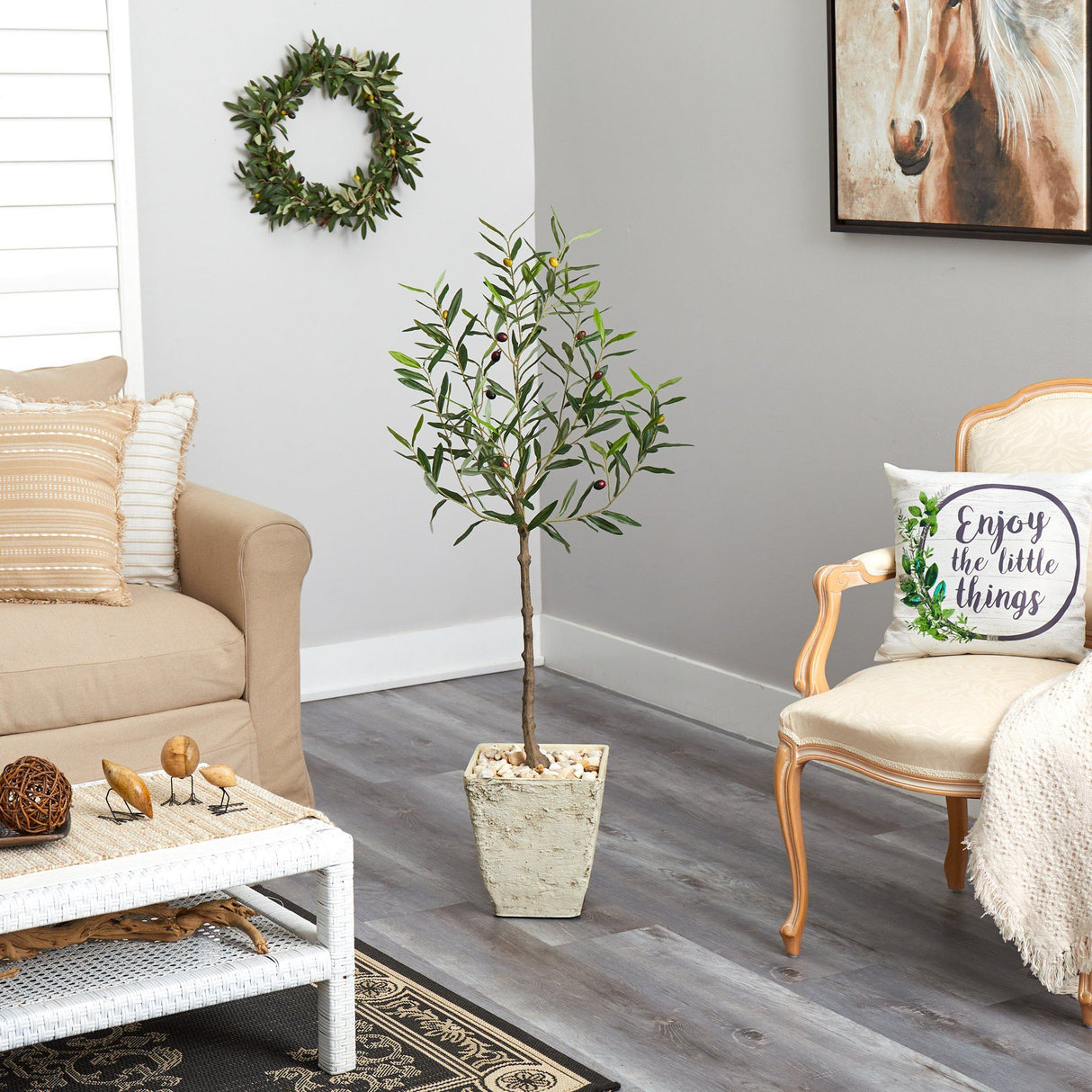 52” Olive Artificial Tree in Country White Planter-Parc Decor