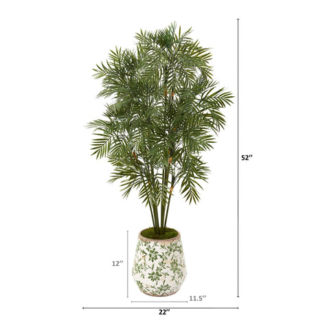 52” Parlor Palm Artificial Tree in Floral Print Planter-Parc Decor