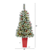 52” Frosted Swiss Pine Artificial Christmas Tree with 100 Clear LED Lights and Berries in Red Tower Planter-Christmas Tree-Parc Decor