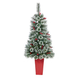 52” Frosted Swiss Pine Artificial Christmas Tree with 100 Clear LED Lights and Berries in Red Tower Planter-Christmas Tree-Parc Decor