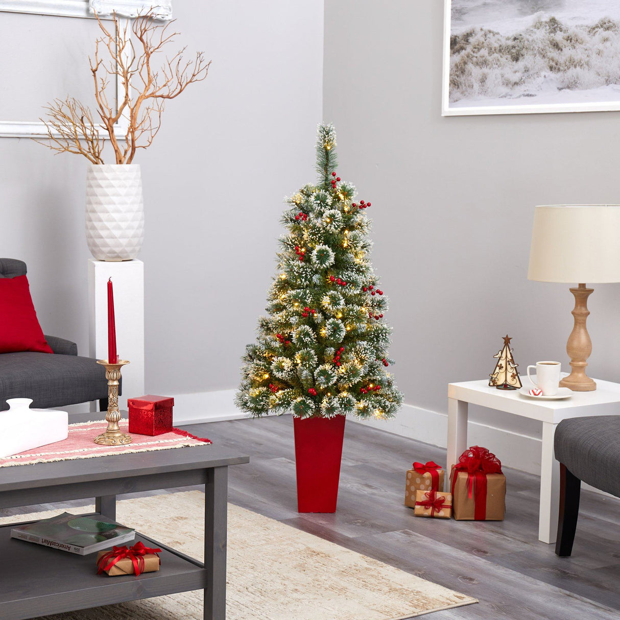 52” Frosted Swiss Pine Artificial Christmas Tree with 100 Clear LED Lights and Berries in Red Tower Planter-Christmas Tree-Parc Decor