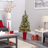 52” Frosted Swiss Pine Artificial Christmas Tree with 100 Clear LED Lights and Berries in Red Tower Planter-Christmas Tree-Parc Decor