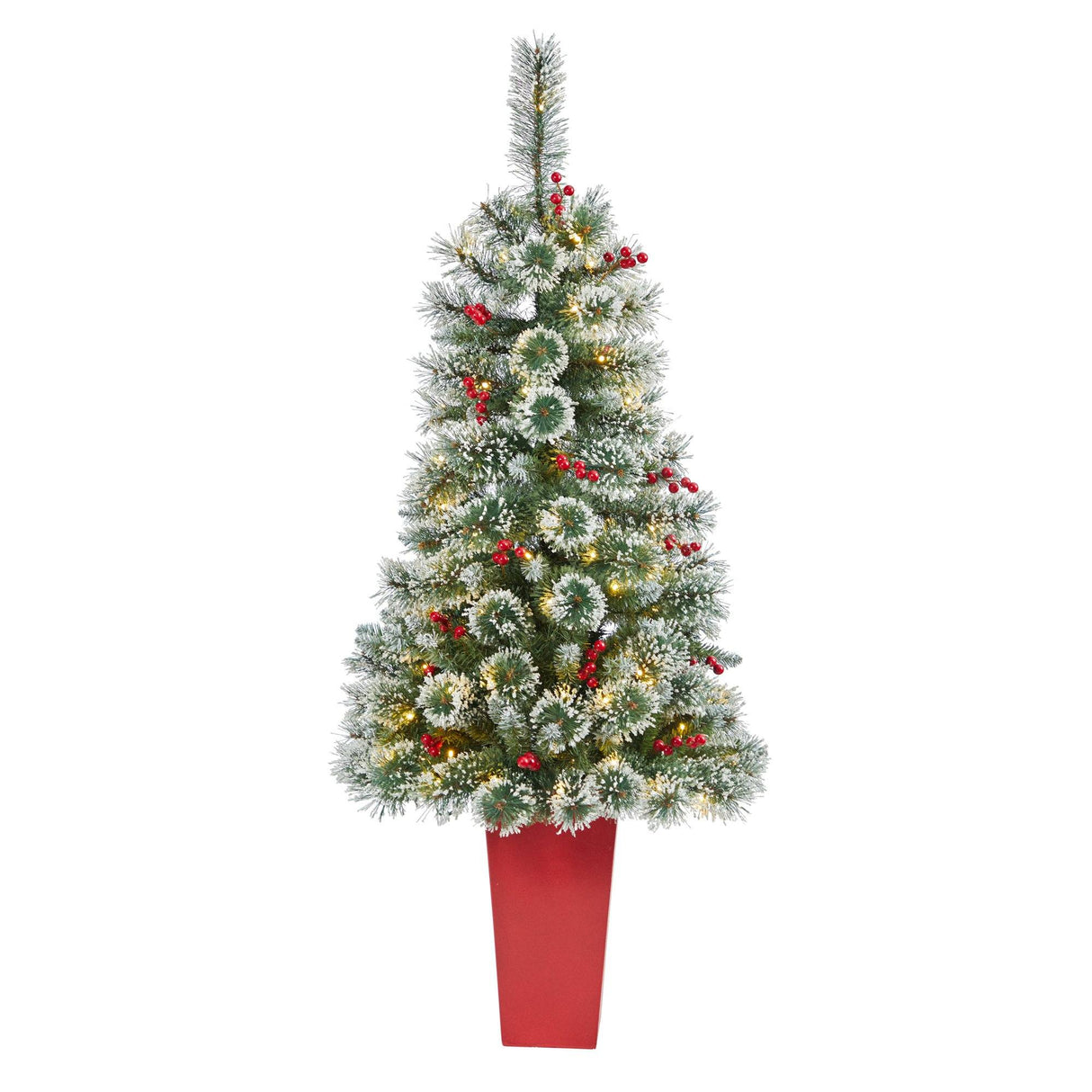 52” Frosted Swiss Pine Artificial Christmas Tree with 100 Clear LED Lights and Berries in Red Tower Planter-Christmas Tree-Parc Decor