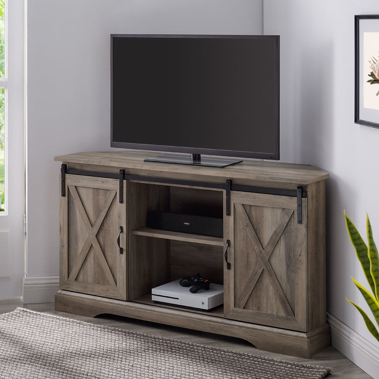 52" Sliding Barn Door Corner TV Stand-Entertainment-Parc Decor