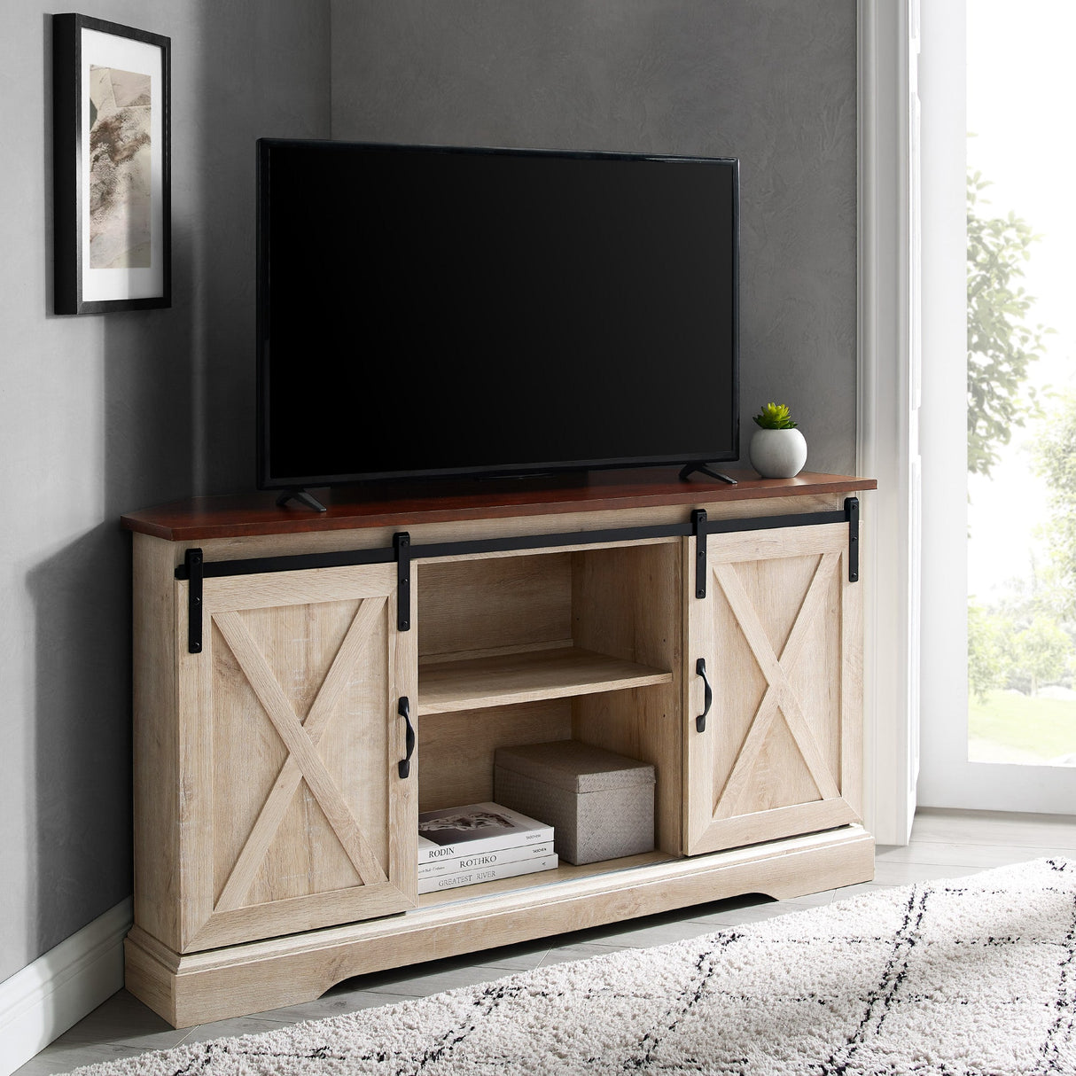 52" Sliding Barn Door Corner TV Stand-Entertainment-Parc Decor