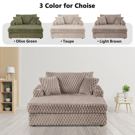 54 Inch Contemporary Indoor Upholstered Chaise Lounge Plush Sleeper Chair with Throw Pillows, 2 Cup Holders and Magazine Bags for Living Room-Parc Decor