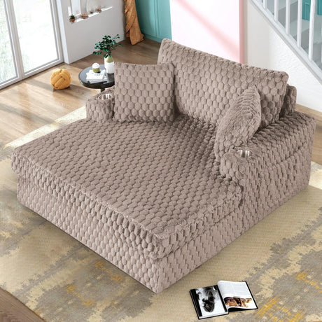 54 Inch Contemporary Indoor Upholstered Chaise Lounge Plush Sleeper Chair with Throw Pillows, 2 Cup Holders and Magazine Bags for Living Room-Parc Decor
