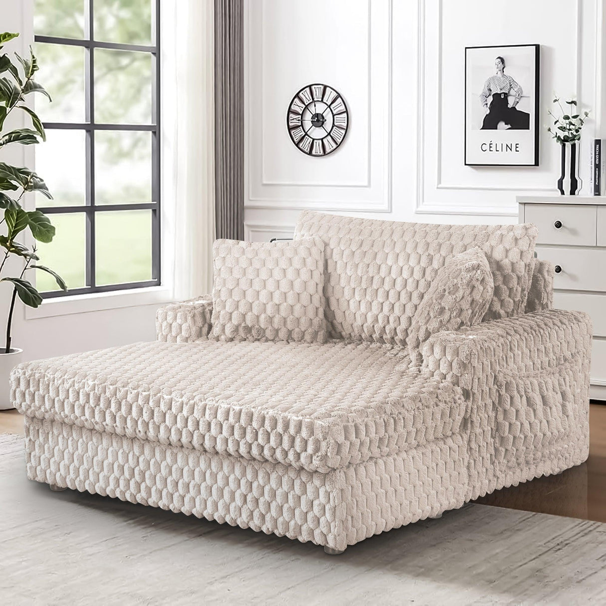 54 Inch Contemporary Indoor Upholstered Chaise Lounge Plush Sleeper Chair with Throw Pillows, 2 Cup Holders and Magazine Bags for Living Room-Parc Decor