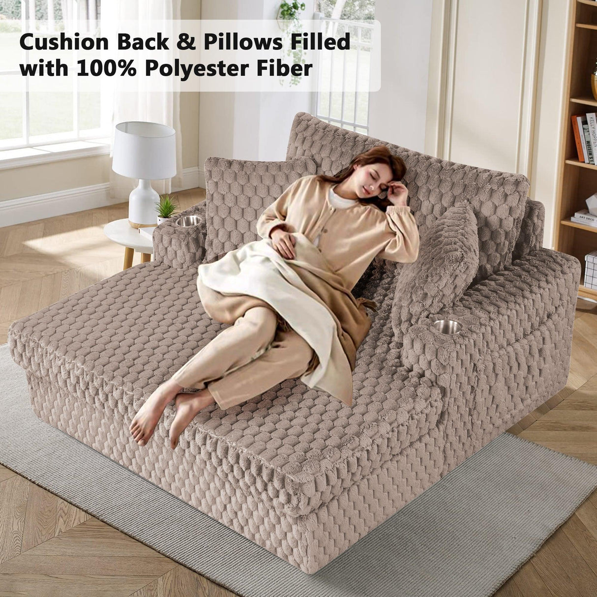 54 Inch Contemporary Indoor Upholstered Chaise Lounge Plush Sleeper Chair with Throw Pillows, 2 Cup Holders and Magazine Bags for Living Room-Parc Decor