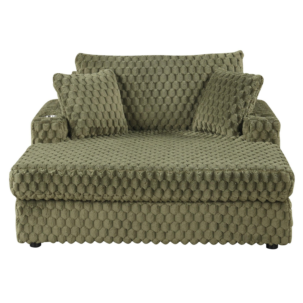 54 Inch Contemporary Indoor Upholstered Chaise Lounge Plush Sleeper Chair with Throw Pillows, 2 Cup Holders and Magazine Bags for Living Room-Parc Decor