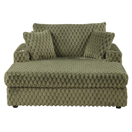 54 Inch Contemporary Indoor Upholstered Chaise Lounge Plush Sleeper Chair with Throw Pillows, 2 Cup Holders and Magazine Bags for Living Room-Parc Decor