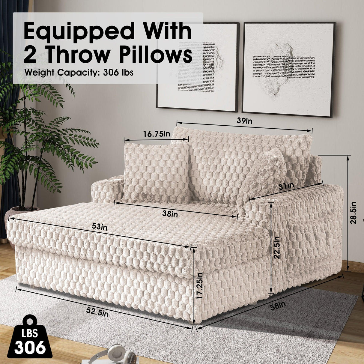 54 Inch Contemporary Indoor Upholstered Chaise Lounge Plush Sleeper Chair with Throw Pillows, 2 Cup Holders and Magazine Bags for Living Room-Parc Decor