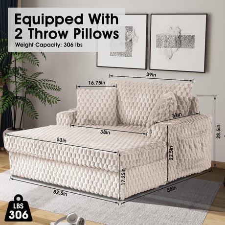 54 Inch Contemporary Indoor Upholstered Chaise Lounge Plush Sleeper Chair with Throw Pillows, 2 Cup Holders and Magazine Bags for Living Room-Parc Decor