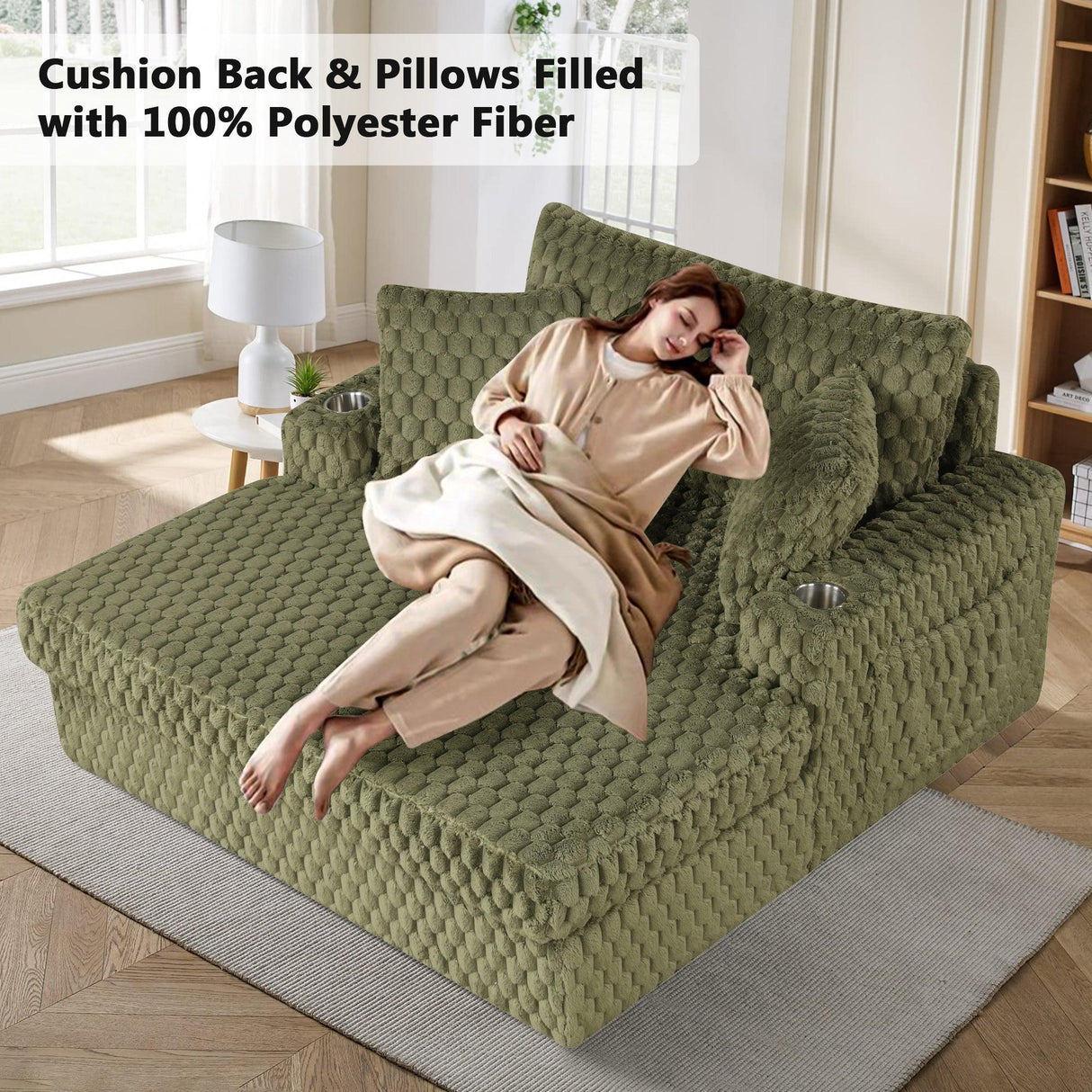 54 Inch Contemporary Indoor Upholstered Chaise Lounge Plush Sleeper Chair with Throw Pillows, 2 Cup Holders and Magazine Bags for Living Room-Parc Decor