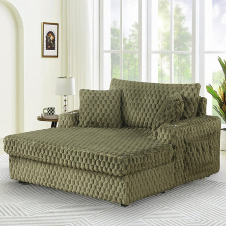 54 Inch Contemporary Indoor Upholstered Chaise Lounge Plush Sleeper Chair with Throw Pillows, 2 Cup Holders and Magazine Bags for Living Room-Parc Decor