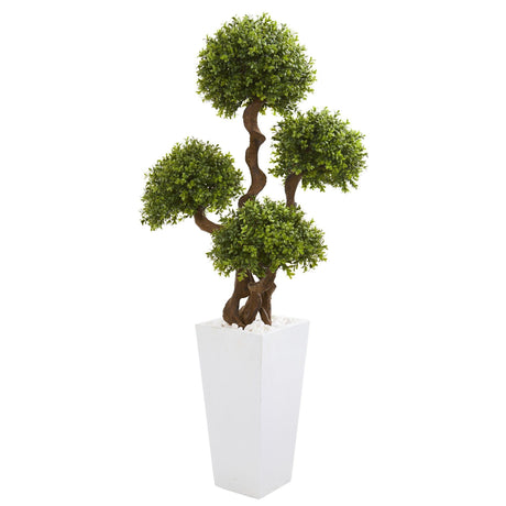 55” Four Ball Boxwood Artificial Topiary Tree in Tall White Planter-Parc Decor