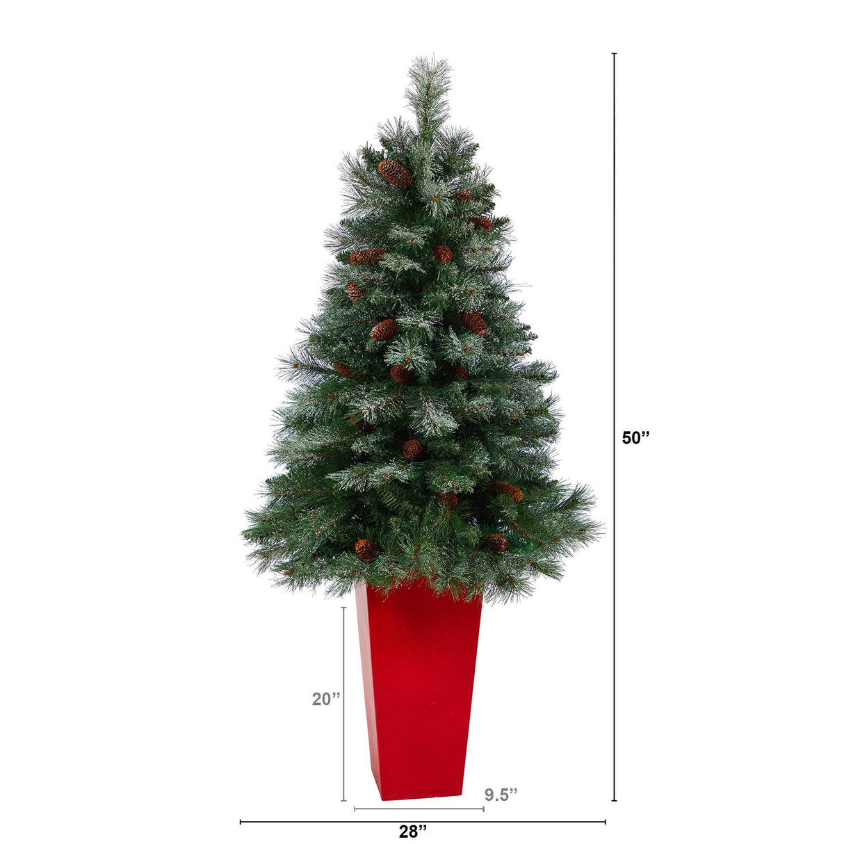 55” Snowed French Alps Mountain Pine Artificial Christmas Tree with 237 Bendable Branches and Pine Cones in Red Tower Planter-Christmas Tree-Parc Decor