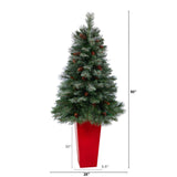 55” Snowed French Alps Mountain Pine Artificial Christmas Tree with 237 Bendable Branches and Pine Cones in Red Tower Planter-Christmas Tree-Parc Decor