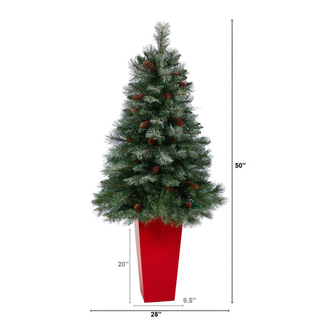 55” Snowed French Alps Mountain Pine Artificial Christmas Tree with 237 Bendable Branches and Pine Cones in Red Tower Planter-Christmas Tree-Parc Decor