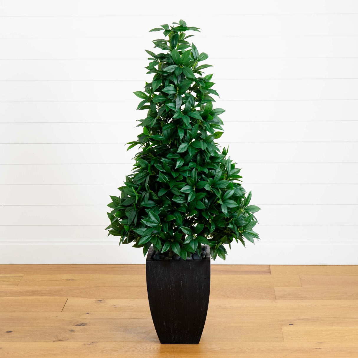 56” Bay Leaf Cone Topiary Artificial Tree UV Resistant in Black Planter (Indoor/Outdoor)-Parc Decor
