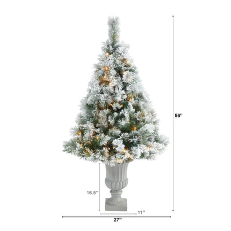 56” Flocked Oregon Pine Artificial Christmas Tree with 100 Clear Lights and 215 Bendable Branches in Decorative Urn-Christmas Tree-Parc Decor