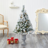 56” Flocked Oregon Pine Artificial Christmas Tree with 100 Clear Lights and 215 Bendable Branches in Decorative Urn-Christmas Tree-Parc Decor