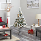 56” Flocked Oregon Pine Artificial Christmas Tree with 100 Clear Lights and 215 Bendable Branches in Decorative Urn-Christmas Tree-Parc Decor