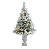 56” Flocked Oregon Pine Artificial Christmas Tree with 100 Clear Lights and 215 Bendable Branches in Decorative Urn-Christmas Tree-Parc Decor