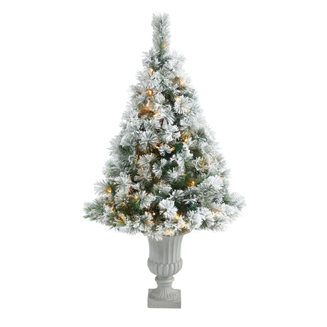 56” Flocked Oregon Pine Artificial Christmas Tree with 100 Clear Lights and 215 Bendable Branches in Decorative Urn-Christmas Tree-Parc Decor