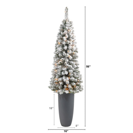 56” Flocked Pencil Artificial Christmas Tree with 100 Clear Lights and 216 Bendable Branches in Gray Planter-Christmas Tree-Parc Decor