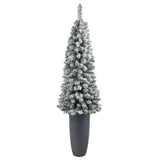 56” Flocked Pencil Artificial Christmas Tree with 100 Clear Lights and 216 Bendable Branches in Gray Planter-Christmas Tree-Parc Decor