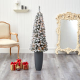 56” Flocked Pencil Artificial Christmas Tree with 100 Clear Lights and 216 Bendable Branches in Gray Planter-Christmas Tree-Parc Decor