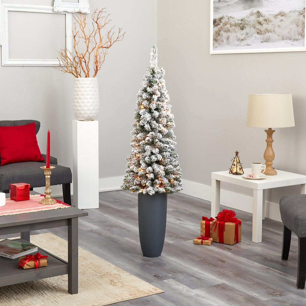 56” Flocked Pencil Artificial Christmas Tree with 100 Clear Lights and 216 Bendable Branches in Gray Planter-Christmas Tree-Parc Decor