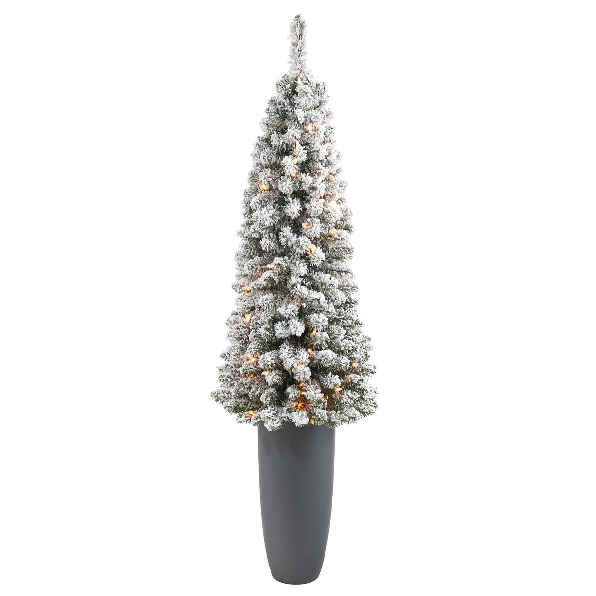 56” Flocked Pencil Artificial Christmas Tree with 100 Clear Lights and 216 Bendable Branches in Gray Planter-Christmas Tree-Parc Decor