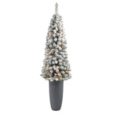 56” Flocked Pencil Artificial Christmas Tree with 100 Clear Lights and 216 Bendable Branches in Gray Planter-Christmas Tree-Parc Decor