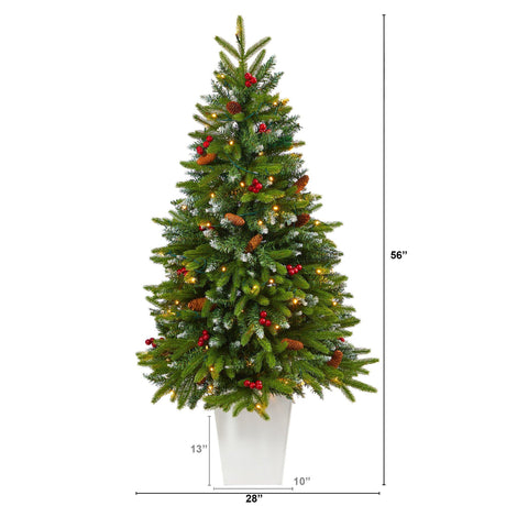 56” Snow Tipped Portland Spruce Artificial Christmas Tree with Frosted Berries and Pinecones with 100 Clear LED Lights in White Metal Planter-Christmas Tree-Parc Decor
