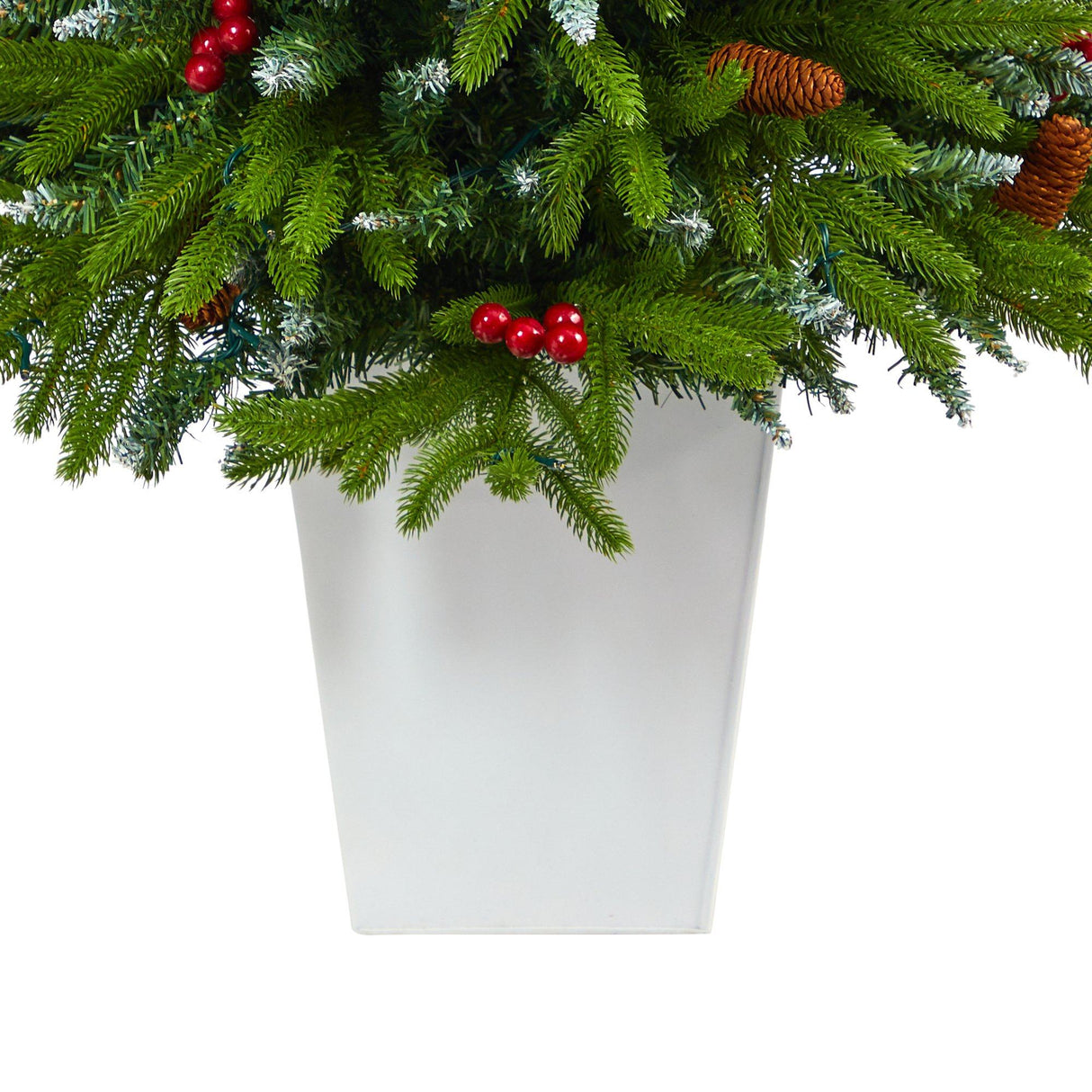 56” Snow Tipped Portland Spruce Artificial Christmas Tree with Frosted Berries and Pinecones with 100 Clear LED Lights in White Metal Planter-Christmas Tree-Parc Decor