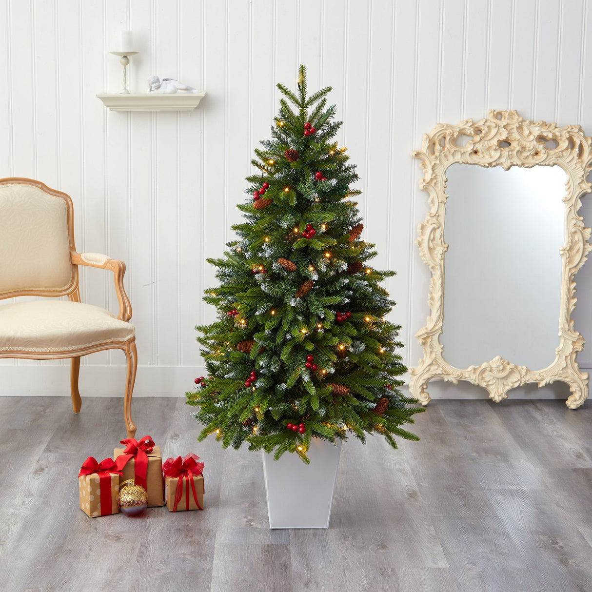 56” Snow Tipped Portland Spruce Artificial Christmas Tree with Frosted Berries and Pinecones with 100 Clear LED Lights in White Metal Planter-Christmas Tree-Parc Decor