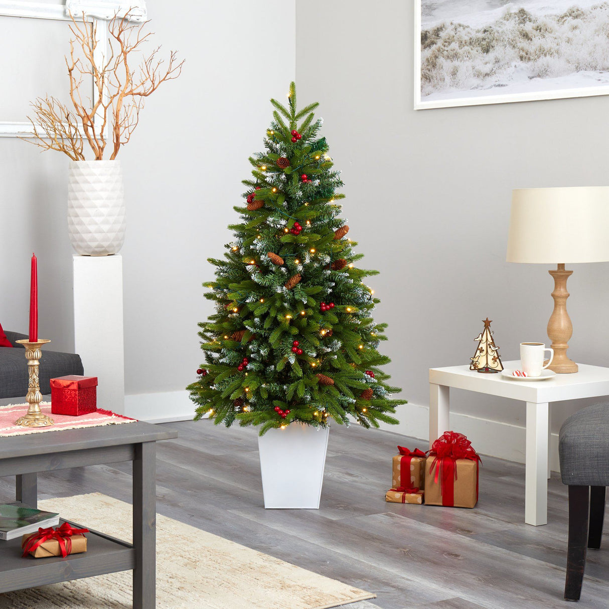 56” Snow Tipped Portland Spruce Artificial Christmas Tree with Frosted Berries and Pinecones with 100 Clear LED Lights in White Metal Planter-Christmas Tree-Parc Decor