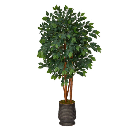 57” Sakaki Artificial Tree in Ribbed Metal Planter-Parc Decor