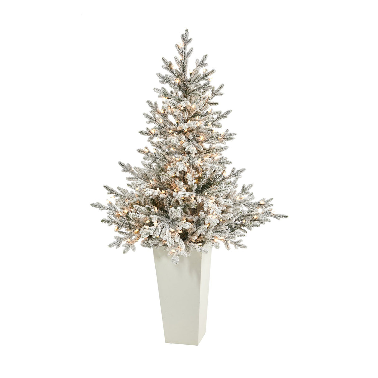 57” Flocked Fraser Fir Artificial Christmas Tree with 300 Warm White Lights and 967 Bendable Branches in Tower Planter-Christmas Tree-Parc Decor