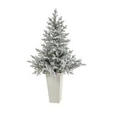 57” Flocked Fraser Fir Artificial Christmas Tree with 300 Warm White Lights and 967 Bendable Branches in Tower Planter-Christmas Tree-Parc Decor
