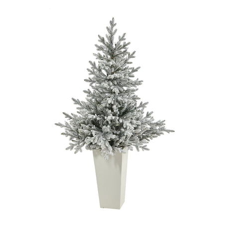 57” Flocked Fraser Fir Artificial Christmas Tree with 300 Warm White Lights and 967 Bendable Branches in Tower Planter-Christmas Tree-Parc Decor
