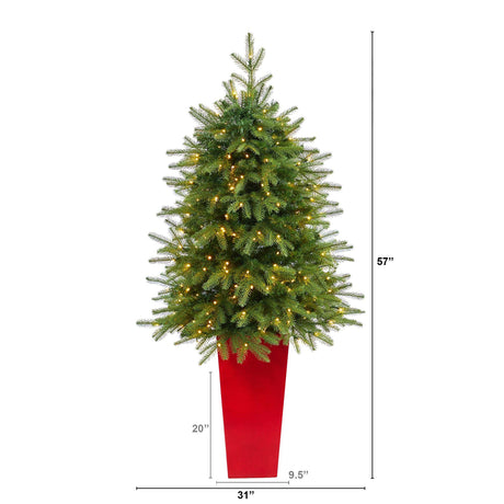 57” Vancouver Fir “Natural Look” Artificial Christmas Tree with 250 Clear LED Lights and 814 Bendable Branches in Red Tower Planter-Christmas Tree-Parc Decor