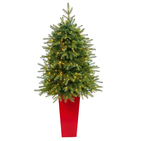 57” Vancouver Fir “Natural Look” Artificial Christmas Tree with 250 Clear LED Lights and 814 Bendable Branches in Red Tower Planter-Christmas Tree-Parc Decor