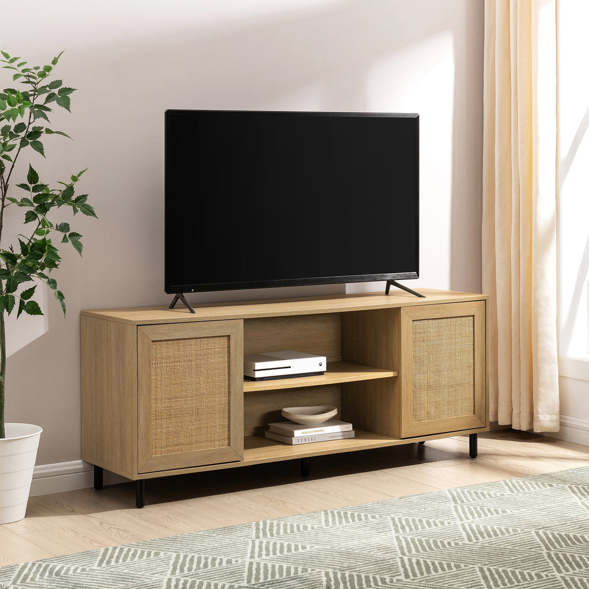 58" 2 Door Wood and Rattan TV Stand-Entertainment-Parc Decor