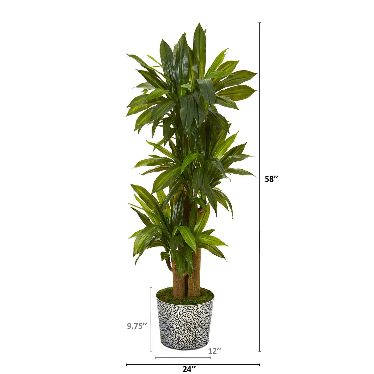 58” Corn Stalk Dracaena Artificial Plant in Black Embossed Tin Planter (Real Touch)-Parc Decor