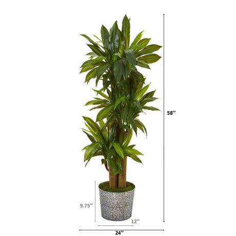 58” Corn Stalk Dracaena Artificial Plant in Black Embossed Tin Planter (Real Touch)-Parc Decor