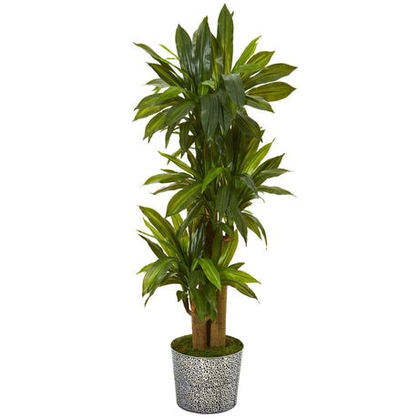 58” Corn Stalk Dracaena Artificial Plant in Black Embossed Tin Planter (Real Touch)-Parc Decor