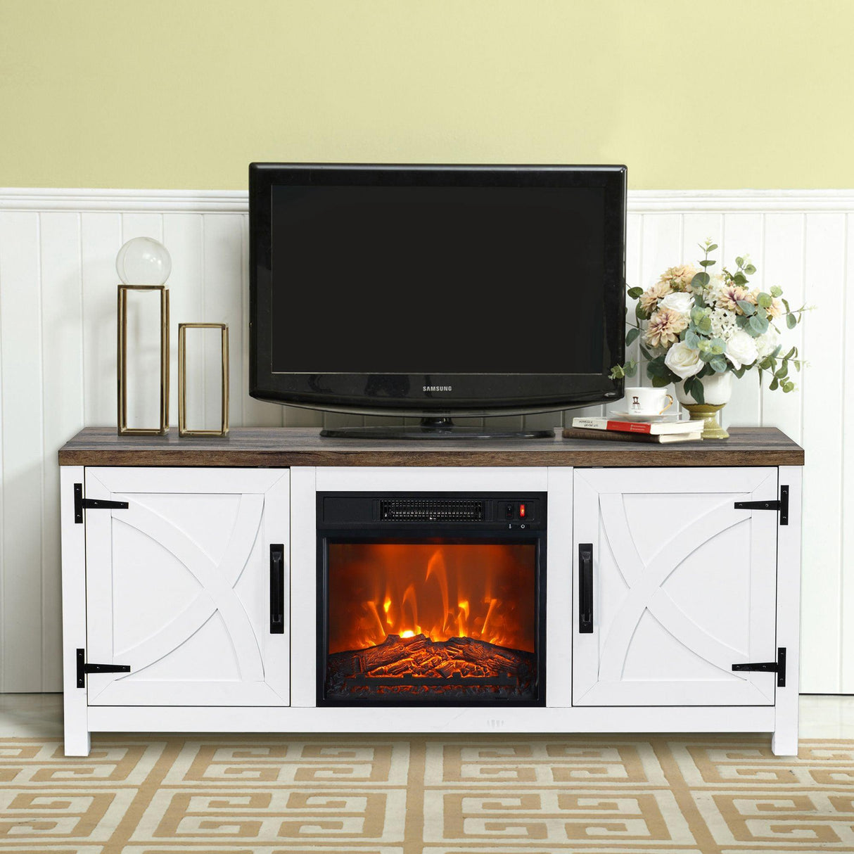58" Farmhouse TV Stand with 18" Insert Electric Fireplace for Living Room-Parc Decor